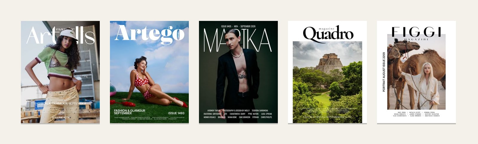Recent issues of the five Artells Media magazines
