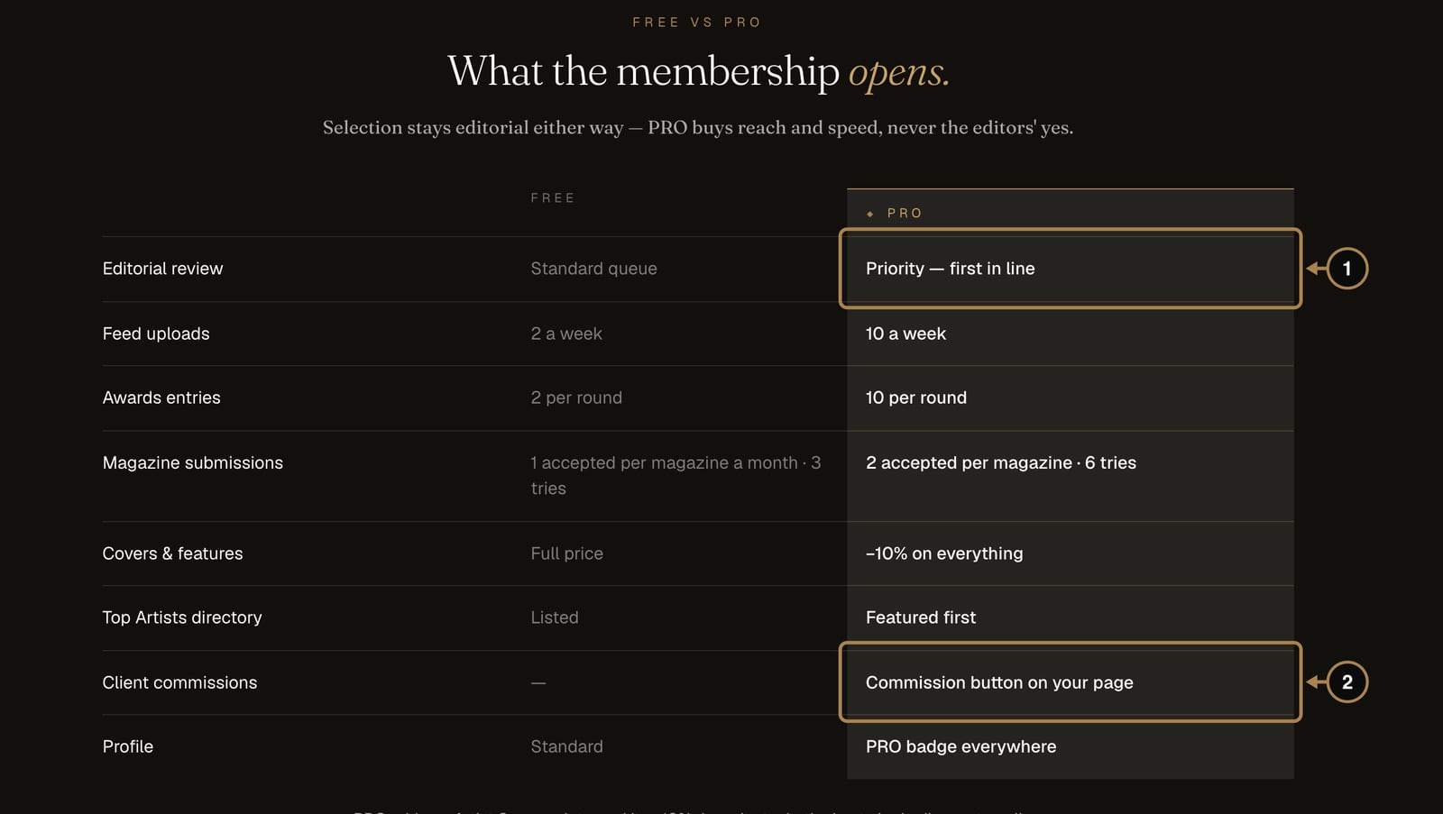 The comparison table on the PRO page