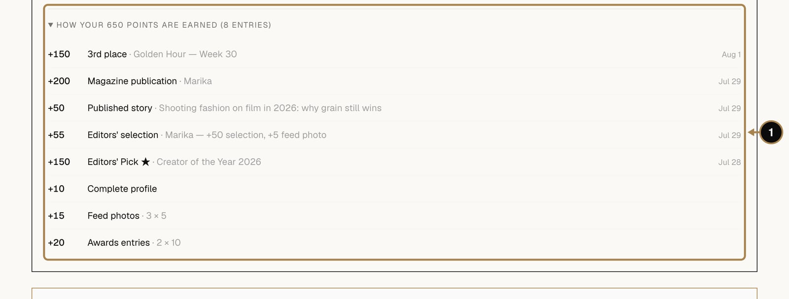 The breakdown of points in the account